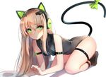  all_fours animal_ears arched_back arm_strap ass bangs black_legwear black_leotard blonde_hair blurry blush bow breasts brown_hair cat_ear_headphones cat_ears character_name closed_mouth commentary depth_of_field eyebrows_visible_through_hair full_body girls_frontline green_bow green_eyes green_ribbon hair_between_eyes headphones leotard long_hair looking_at_viewer luse_maonang medium_breasts paw_pose revision ribbon ringed_eyes shade shadow sidelocks simple_background socks solo tail tail_bow tail_raised tail_ribbon thigh_strap thighs tmp_(girls_frontline) very_long_hair white_background 