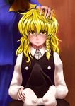  bangs black_vest blonde_hair blush bow braid closed_mouth commentary_request expressionless hair_bow hat hat_bow hat_removed headwear_removed kirisame_marisa koyubi_(littlefinger1988) long_hair long_sleeves looking_at_viewer mima shirt side_braid solo_focus touhou touhou_(pc-98) upper_body vest white_bow white_shirt witch_hat yellow_eyes 