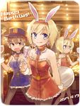  3girls :q animal_ears bare_shoulders blonde_hair blue_eyes brown_eyes brown_hair bunny_ears bunny_girl cup dated drinking_glass drinking_straw erica_hartmann flying_sweatdrops gertrud_barkhorn glasses hair_ribbon happy_birthday hat ice ice_cube looking_at_viewer multiple_girls open_mouth pantyhose ribbon siblings sisters strike_witches sweatdrop tongue tongue_out tray twins twintails ursula_hartmann world_witches_series wrist_cuffs yukko 