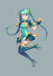  1girl ;d absurdres blue_eyes blue_gloves blue_hair blue_legwear blue_skirt blush braid flower full_body gloves grey_background hair_flower hair_ornament hatsune_miku hatsune_speed:_hatsune_miku_roller_skating_music highres hiroshi_taeru_qwq holding long_hair looking_at_viewer miniskirt one_eye_closed open_mouth pleated_skirt roller_skates short_sleeves simple_background skates skirt smile solo thigh_strap thighhighs twin_braids twintails very_long_hair vocaloid yellow_flower 