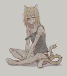  angry animal_ears bandages barefoot blonde_hair cat_ears cat_tail die_(die0118) flip_flappers full_body grey_background injury looking_at_viewer multicolored_hair purple_eyes short_hair simple_background solo tail yayaka 