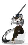  action_pose anthro armor blackchaos666 blue_eyes braided_hair charr claws clothing fangs feline female flat_chested fluffy fluffy_tail fur greatsword guild_wars hair hi_res horn mammal mane melee_weapon multi_ear simple_background solo stripes video_games weapon white_fur 