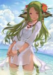  animal_ears breasts cloud cowboy_shot dark_skin day dress flower green_hair hair_flower hair_ornament hairclip highres interlocked_fingers jewelry long_hair looking_at_viewer nurumi open_mouth original outdoors red_eyes see-through sky small_breasts smile solo tail wading water wet wet_clothes white_dress 