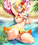  1girl beach bikini blonde_hair blue_eyes breasts female flower glasses hair_flower hair_ornament huge_breasts looking_at_viewer potion_(moudamepo) shinohara_mari shiny_skin short_hair swimsuit taimanin_asagi_battle_arena water 