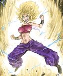  amania_orz aura baggy_pants bare_shoulders blonde_hair breasts caulifla check_commentary commentary commentary_request crop_top dated dragon_ball dragon_ball_super electricity green_eyes grin impossible_clothes large_breasts midriff navel pants purple_pants smile solo spiked_hair super_saiyan super_saiyan_2 twitter_username wristband 