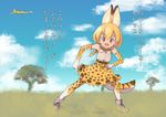  1girl :d animal_ears bare_shoulders blonde_hair commentary elbow_gloves fang flying full_body gloves highres kadoyuki_(kadouki) kemono_friends nippon_housou_kyoukai open_mouth profile savannah serval_(kemono_friends) serval_ears serval_print serval_tail short_hair smile stretchman tail translated tree 