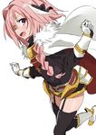  astolfo_(fate) black_bow bow braid cape fang fate/apocrypha fate/grand_order fate_(series) fur_trim garter_straps hair_ribbon hibimegane highres male_focus multicolored_hair open_mouth otoko_no_ko pink_hair purple_eyes ribbon single_braid smile streaked_hair 