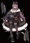  absurdres armsel_protecta_(girls_frontline) bad_id bad_pixiv_id beret black_background black_gloves black_legwear breasts chain cleavage coat concept_art drone fur_trim girls_frontline gloves gun hair_over_one_eye hat highres holding holding_gun holding_weapon large_breasts long_hair looking_at_viewer original pantyhose purple_hair shotgun shotgun_shells simple_background skirt slm smile solo weapon yellow_eyes 