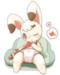  &lt;3 big_ears blush cub diaper female lagomorph mammal mei_(artist) one_eye_closed plushie rabbit ribbons sitting solo young 