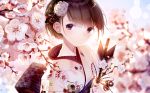  atha brown_eyes brown_hair cherry_blossoms flowers japanese_clothes kimono original short_hair torn_clothes 