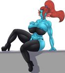  2017 abs biceps big_breasts breasts cleavage clothed clothing female fin fish footwear hair high_heels legwear lingerie looking_at_viewer marine monster muscular muscular_female navel nolollygagging_(artist) pose red_hair shoes smile solo stockings undertale undyne video_games 