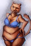  2017 4_fingers anthro arm_tuft belly big_belly big_breasts biped blue_bottomwear blue_clothing blue_eyes blue_topwear bra breasts brown_fur brown_nose buckteeth cheek_tuft claws cleavage clothed clothing deep_navel digital_media_(artwork) digital_painting_(artwork) ears_back eyelashes female front_view fur gradient_background grey_background hand_on_hip head_tuft hi_res humanoid_hands leg_tuft light lingerie long_tail looking_at_viewer mammal marsupial navel nen_(paraceratherium) one_eye_closed open_mouth open_smile outline overweight overweight_female panties pinup portrait pose quirachen raised_eyebrow signature simple_background skimpy smile solo standing tail_tuft teeth three-quarter_portrait thylacoleo tuft underwear whiskers wink 