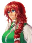  alternate_hairstyle bangs blue_eyes braid breasts chinese_clothes commentary_request hair_ornament hair_over_shoulder hair_scrunchie hong_meiling koyubi_(littlefinger1988) large_breasts long_hair looking_away parted_lips red_hair scrunchie single_braid smile solo tangzhuang touhou upper_body 