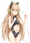  absurdres artist_name bangs black_cola black_leotard blonde_hair blush brown_hair cat_ear_headphones character_name commentary_request cowboy_shot eyebrows_visible_through_hair girls_frontline green_eyes hair_between_eyes headphones highres holding leotard long_hair looking_at_viewer navel parted_lips solo thighs tmp_(girls_frontline) torn_clothes very_long_hair 