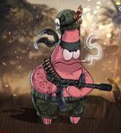  2017 anthro armor assault_rifle bandanna bandolier beard bullet card cigarette clothed clothing facial_hair gun helmet marine nickelodeon pants patrick_star peace_symbol playing_card ranged_weapon rifle shadman smoking spongebob_squarepants starfish tattoo topless weapon 