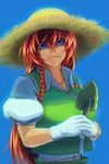  bangs blue_eyes braid breasts chinese_clothes closed_mouth commentary_request gloves hat hong_meiling koyubi_(littlefinger1988) large_breasts long_hair looking_at_viewer puffy_short_sleeves puffy_sleeves red_hair shaded_face short_sleeves shovel smile solo straw_hat tangzhuang touhou twin_braids upper_body white_gloves 
