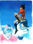  :o black_eyes black_hair cloud cloudy_sky commentary_request dirty_clothes elbow_on_knee eyeshield_21 football_helmet football_uniform from_behind from_side helmet highres kobayakawa_sena looking_afar looking_up multicolored_hair multiple_boys multiple_views murata_yuusuke official_art open_mouth pointy_hair scan sitting sky sportswear 