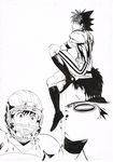  :o absurdres commentary_request elbow_on_knee eyeshield_21 football_helmet football_uniform from_behind from_side greyscale helmet highres kobayakawa_sena looking_afar looking_up monochrome multiple_boys multiple_views murata_yuusuke official_art open_mouth pointy_hair scan simple_background sitting sportswear sweatdrop white_background work_in_progress 