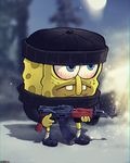  2017 ak-47 anthro assault_rifle beard bloodshot_eyes blue_eyes buckteeth clothed clothing facial_hair footwear gun hat legwear marine nickelodeon ranged_weapon rifle sea_sponge shadman shoes skull socks spongebob_squarepants spongebob_squarepants_(character) symbol-shaped_pupils teeth weapon 