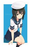  black_eyes black_hair black_legwear blue_background blue_sailor_collar blue_skirt character_name cowboy_shot hair_between_eyes hat isonami_(kantai_collection) kantai_collection kugui_kiyunemu long_hair looking_at_viewer pleated_skirt sailor_collar sailor_hat school_uniform serafuku sidelocks skirt smile socks translated 