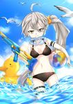  absurdres ahoge bird breasts collarbone day girls_frontline goggles goggles_around_neck highres long_hair looking_at_viewer medium_breasts mumu_(fiona47568) navel ocean pkp_(girls_frontline) seagull side_ponytail silver_hair sky solo swimsuit water_balloon water_gun yellow_eyes 