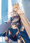  armor armored_boots armored_dress artoria_pendragon_(all) artoria_pendragon_(lancer) bangs banner blonde_hair boots braid cape closed_mouth column commentary_request crown eyebrows_visible_through_hair fate/grand_order fate_(series) frown fur-trimmed_cape fur_trim gauntlets greaves green_eyes hair_between_eyes long_hair looking_at_viewer pillar revision sidelocks solo standing tsukikanade white_cape 