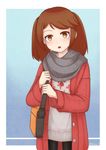  :o bag brown_hair buttons coat eyebrows highres holding holding_bag jacy kantai_collection open_mouth pantyhose ryuujou_(kantai_collection) scarf simple_background snowing solo sweater twintails yellow_eyes 
