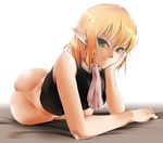  arm_support ass blonde_hair bottomless bowalia green_eyes lying mizuhashi_parsee no_panties on_side pointy_ears scarf short_hair smile solo touhou 