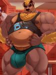  anthro big_bulge bulge clothed clothing extracurricular_activities harold_grifter kunn_(artist) locker_room male mammal musclegut muscular muscular_male open_mouth pecs shirt solo standing tank_top tight_clothing underwear ursine 