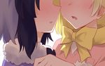  black_hair blonde_hair blush bow bowtie choco_chip_(aoyuzzz) commentary_request common_raccoon_(kemono_friends) face-to-face fennec_(kemono_friends) fur_collar grey_hair hand_on_another's_shoulder head_out_of_frame highres imminent_kiss kemono_friends multicolored_hair multiple_girls parted_lips short_hair yellow_bow yellow_neckwear yuri 