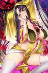  bare_shoulders black_hair blush breasts fate/extra fate/extra_ccc fate_(series) hamada_pochiwo highres horns large_breasts long_hair looking_at_viewer parted_lips raised_eyebrows sesshouin_kiara solo thighhighs thighs tongue white_legwear yellow_eyes 