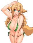  ahoge angelo_(gomahangetsu) animal_ears arm_up armpits bangs bare_shoulders bikini blonde_hair blush breasts cleavage collarbone commentary_request green_bikini green_eyes hips kaori-san_(angelo) large_breasts long_hair looking_at_viewer navel open_mouth original side-tie_bikini sidelocks simple_background smile solo swimsuit tail thighs wavy_hair white_background 