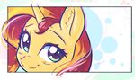  2017 equestria_girls equine female feral hair horn looking_at_viewer mammal mirroredsea multicolored_hair my_little_pony smile solo sunset_shimmer_(eg) two_tone_hair unicorn unicorn_horn 