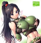  amania_orz bare_shoulders belt black_hair blue_eyes breasts dragon_quest dragon_quest_xi fingerless_gloves gloves large_breasts long_hair martina_(dq11) navel ponytail sleeveless solo translation_request 