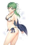  artist_name bikini breasts cleavage contrapposto cross cross_necklace from_side green_eyes green_hair hair_ribbon jewelry long_hair looking_at_viewer medium_breasts necklace off_shoulder original ponytail ribbon side-tie_bikini simple_background smile solo standing swimsuit tokki wet white_bikini 