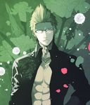  abs bad_id bad_pixiv_id brown_hair final_fantasy final_fantasy_xv flower glasses hair_up ignis_scientia jewelry male_focus muscle necklace open_clothes open_shirt petals polearm roka_(lovecom000) shirt silhouette solo spear weapon 