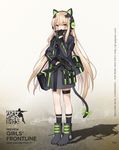  bangs black_gloves black_legwear blonde_hair blush cat_ear_headphones cat_tail closed_mouth copyright_name eyebrows_visible_through_hair full_body girls_frontline gloves green_eyes gun haijin half_gloves headphones highres holding holding_gun holding_weapon jacket long_hair official_art sidelocks solo standing steyr_tmp submachine_gun tail tmp_(girls_frontline) trigger_discipline very_long_hair weapon 