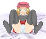  1girl ass bed_sheet black_bow black_legwear black_shirt blonde_hair blue_eyes blush bow bow_panties breasts dai_(uhyoko1102151) embarrassed feet hat hat_bow legs_up looking_at_viewer lying medium_breasts nervous on_back panties pink_hat pleated_skirt pokemon pokemon_sm red_skirt serena_(pokemon) shirt simple_background skirt sleeveless sleeveless_shirt solo spread_legs sweat teeth thighhighs upskirt white_background white_bow white_panties 