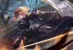  bird black_bow blonde_hair blue_eyes bow braid chain cowter fate/apocrypha fate_(series) from_above gauntlets hair_bow headpiece highres jeanne_d'arc_(fate) jeanne_d'arc_(fate)_(all) kang_kang_zi lips long_hair looking_to_the_side outstretched_arms plackart single_braid solo standard_bearer sword thighhighs weapon 