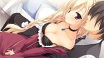 1girl amairo_islenauts bare_shoulders bed between_legs black_bra black_choker black_hair black_neckwear blonde_hair blue_neckwear blush bra braid breasts breasts_outside choker cleavage closed_mouth collarbone dress dress_pull dutch_angle faceless faceless_male frown game_cg grey_pants hand_between_legs hands_together indoors jewelry kobuichi lace lace-trimmed_bra large_breasts long_braid long_dress long_hair long_sleeves looking_at_viewer looking_away necktie off_shoulder on_bed pants pendant pillow print_bra red_dress red_eyes ribbon saginomori_tooru shirley_warwick shirt short_hair side_braid single_braid sitting sitting_on_bed solo_focus strap_slip striped striped_neckwear tied_hair underwear waistcoat white_shirt 