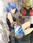  blue_eyes blue_hair breasts brown_gloves can drill drink from_side giving gloves hair_bobbles hair_ornament hairclip hisou_tensoku holding holding_can kasuka_(kusuki) kawashiro_nitori large_breasts looking_at_viewer mechanic mouth_hold nail pipes shorts sitting sleeveless soda_can solo sweat tank_top tool_belt touhou two_side_up wrench 