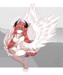  4_toes angel anthro breasts charmrage curved_horn feathered_wings feathers feline female horn hybrid mammal navel nipples nude simple_background solo toes white_feathers wings 