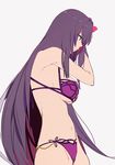  back bikini breasts commentary_request fate/grand_order fate_(series) flower hair_flower hair_ornament large_breasts long_hair navel purple_bikini purple_eyes purple_hair scathach_(fate)_(all) scathach_(swimsuit_assassin)_(fate) sideboob simple_background sohin solo swimsuit underboob very_long_hair 