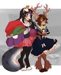  4_toes 5_fingers anthro antlers barefoot black_hair brown_hair canine cervine charmrage clothed clothing deer dog duo female green_eyes hair hooves horn mammal toes 