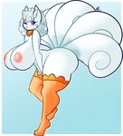  2017 alolan_vulpix anthro areola big_breasts big_butt black_nose blue_eyes blush breasts butt canine clothing collar curly_hair ear_tuft female fluffy fluffy_tail fur gradient_background hair huge_breasts legwear mammal nintendo nipples one_eye_closed pink_areola pink_nipples pok&eacute;mon regional_variant simple_background smile socks solo tehbuttercookie tuft video_games vulpix white_fur wink 