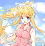  air blonde_hair blouse blue_eyes casual hair_ribbon kamio_misuzu long_hair looking_at_viewer open_mouth pf pink_blouse ponytail ribbon smile solo upper_body very_long_hair white_ribbon 