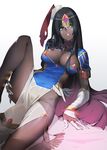  ass bed black_hair bracelet breasts circlet cleavage fate/grand_order fate_(series) green_eyes guratan hips jewelry large_breasts leg_lift long_hair looking_at_viewer parted_lips scheherazade_(fate/grand_order) solo staff thick_thighs thighs very_long_hair 