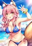  :d animal_ear_fluff animal_ears ass_visible_through_thighs bangs beach bikini blue_bikini blue_sky bracelet breasts cleavage cloud commentary_request cowboy_shot day eyebrows_visible_through_hair fang fate/extra fate_(series) fox_ears fox_tail fukase_ayaka jewelry large_breasts lens_flare long_hair navel open_mouth outdoors pink_hair side-tie_bikini sky smile solo standing sunlight swimsuit tail tamamo_(fate)_(all) tamamo_no_mae_(fate) tamamo_no_mae_(swimsuit_lancer)_(fate) water waving yellow_eyes 