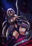  bangs bare_shoulders black_gloves black_legwear black_leotard blush breasts chain closed_mouth commentary_request dutch_angle fate/apocrypha fate/grand_order fate_(series) flag flagpole gauntlets gloves headpiece highres holding holding_sword holding_weapon jeanne_d'arc_(alter)_(fate) jeanne_d'arc_(fate)_(all) karasu_kame_ex large_breasts leotard long_hair looking_at_viewer navel petals plant silver_hair skull smile solo spread_legs sword thighhighs thorns very_long_hair vines weapon yellow_eyes 
