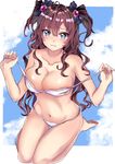  barefoot bikini blue_eyes blush bow breasts brown_hair cleavage cloud collarbone commentary_request hair_bow hair_ornament hamu_(plot_sy) highres ichinose_shiki idolmaster idolmaster_cinderella_girls large_breasts long_hair looking_at_viewer navel off_shoulder sky smile solo swimsuit two_side_up white_bikini 